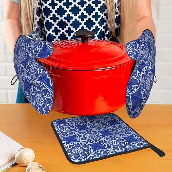 Chinoiserie Blue and White Floral Oven Mitts and Pot Holders Sets of 3, Heat Resistant Non-Slip Boho Kitchen Gloves for Baking Cooking Grilling, Navy Blue Hot Pads for Kitchen Decor, Gifts for Women - Image 3