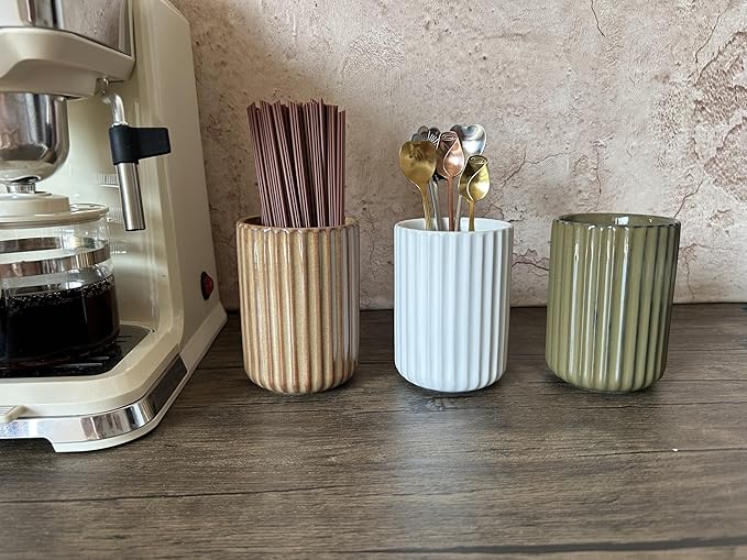 TOPYOKK Stoneware Coffee Bar Utensil Holder Tea & Coffee Spoon & Stirrer Holder for Stir Stick Straw Teaspoon Holder Spoon Cup Small Utensil Jar Fluted Vertical Stripe (Pure White) - Image 2