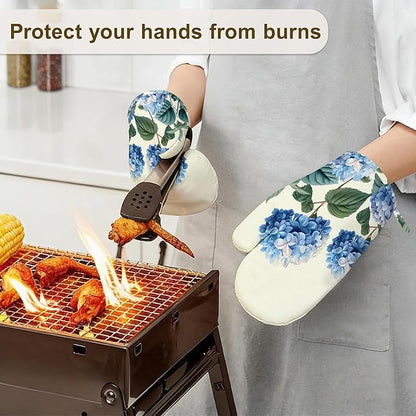 Blue Hydrangea Flower Spring Oven Mitts and Pot Holders Set of 4,Heat Resistant Non Slip Kitchen Gloves Hot Pads,Chef Cooking Baking Gifts for Women Bakers,Kitchen Cooking Lover Cooks