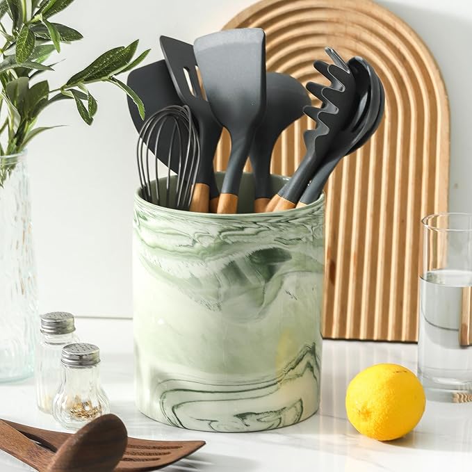 7.2 inch Large Utensil Holder for Kitchen Counter, Marble Utensil Crock Spatula Holder for Countertop Cooking Tools Storage Caddy Farmhouse Kitchen Decor (Marble-Green) - Image 2