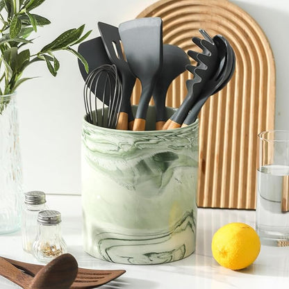 7.2 inch Large Utensil Holder for Kitchen Counter, Marble Utensil Crock Spatula Holder for Countertop Cooking Tools Storage Caddy Farmhouse Kitchen Decor (Marble-Green) - Image 2