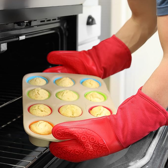 BPA-Free Silicone Oven Mitts Ultra Heat Resistant up to 500°F - Oven Mitts with Thick Cotton Liner - Long Slip Resistant Pot Holders, Flexible Oven Gloves - Canyon Red 13.7 - Image 8