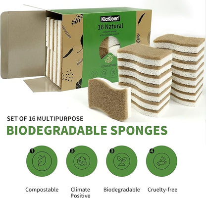 16 Pack Biodegradable Natural Kitchen Sponge - Compostable Cellulose and Coconut Walnut Scrubber Sponge - Eco Friendly Sustainable Sponges for Dishes - Image 2