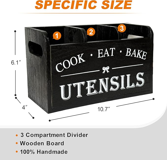 Wooden Kitchen Utensil Holder with 3 Compartments, Utensil Storage Organizer for Kitchen Counter, Farmhouse Decor & Rustic Cooking Tools Storage(Black) - Image 2