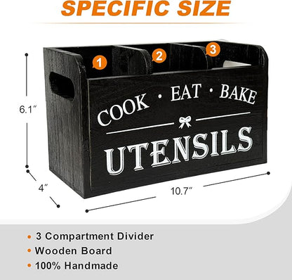 Wooden Kitchen Utensil Holder with 3 Compartments, Utensil Storage Organizer for Kitchen Counter, Farmhouse Decor & Rustic Cooking Tools Storage(Black) - Image 2