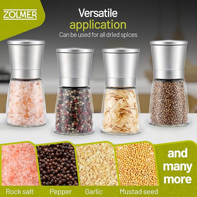 ZOLMER® Premium Stainless Steel Salt and Pepper Grinder Set | Adjustable Ceramic Mill - Small Silver Manual Grinder for Salt, Pepper, and Chili [No Spices Included]