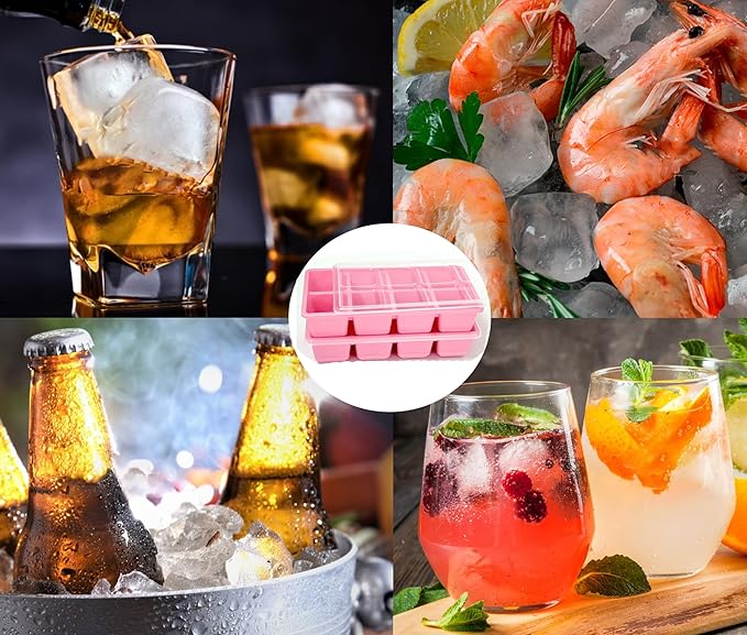 Large Ice Cube Trays with Lid, Jrisbo 2 Pack Stackable Silicone Ice Cube Molds for Freezer, Easy Release 16 Big Square Ice Trays for Whisky Cocktails (Pure Pink) - Image 5