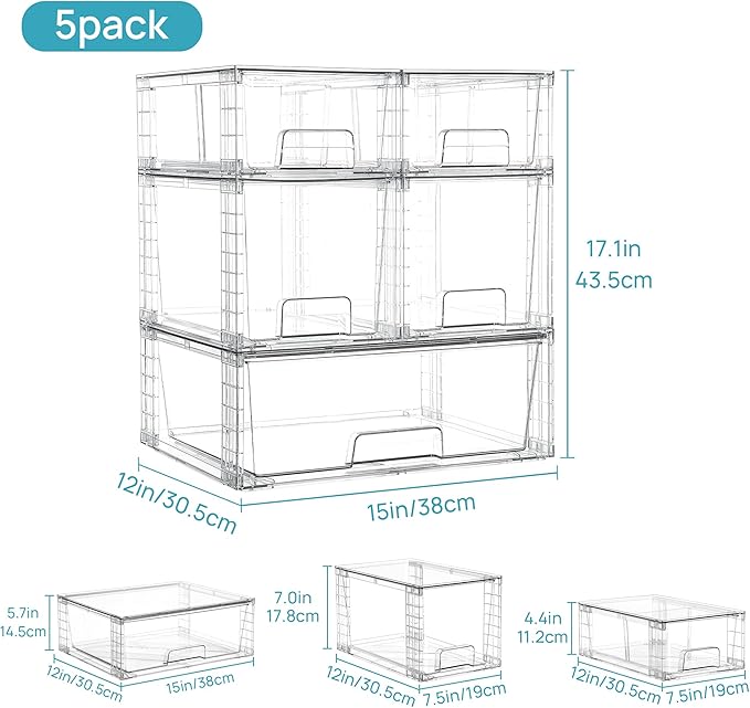 Vtopmart Clear Stackable Storage Drawers Set of 5, Easily Assemble Acrylic Bathroom Undersink Organizers,Plastic Storage Bins for Closet,Cabinet,Pantry,Medicine Organization - Image 3