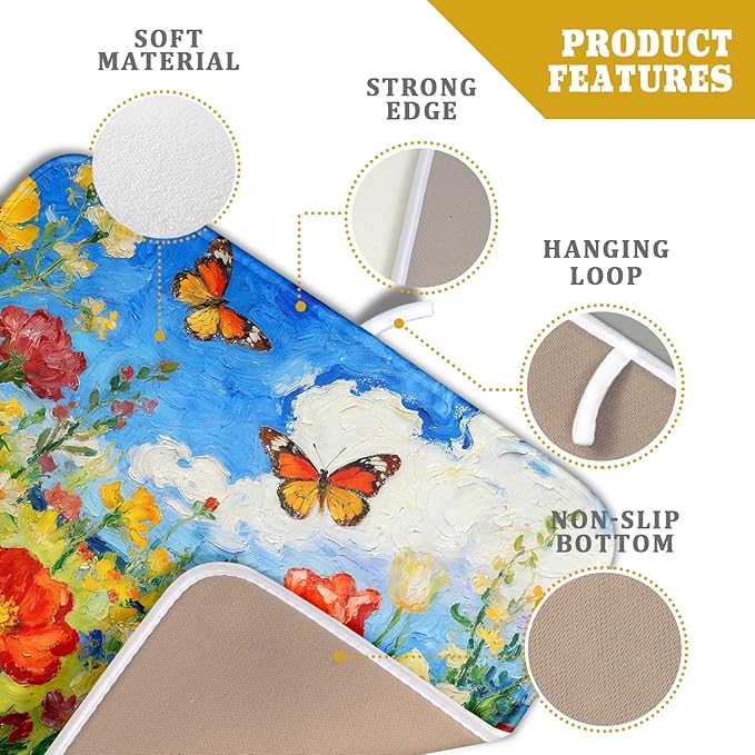 Cute Floral Dish Drying Mat Small for Kitchen Counter 16x18, Spring Summer Decorative Absorbent Reversible Microfiber Kitchen Countertop Protector Dishes Drainer Pad, Watercolor Flower Butterfly - Image 4