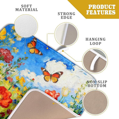 Cute Floral Dish Drying Mat Small for Kitchen Counter 16x18, Spring Summer Decorative Absorbent Reversible Microfiber Kitchen Countertop Protector Dishes Drainer Pad, Watercolor Flower Butterfly - Image 4