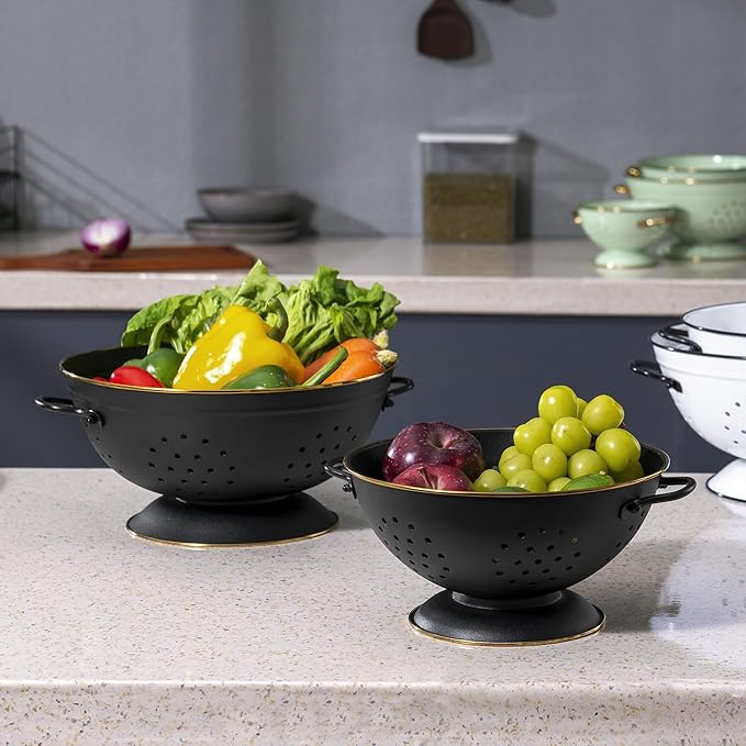 Metal Colander Set of 2, Strainer Basket with Handles perfect for Spaghetti, Pasta, Berry, Vegetable, Fruit, Solid Base Powder Coated Self-draining Kitchen Colander Bowel, 3.5 & 5 Qt, Matte Black - Image 7