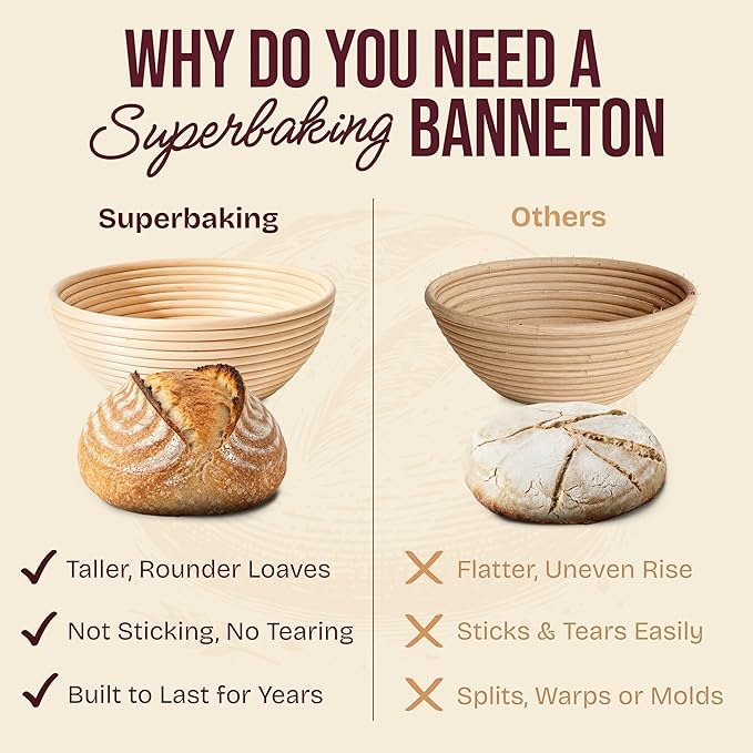 Superbaking Sourdough Starter Kit, 9" Round Banneton Bread Proofing Basket Set, Sourdough Bread Baking Supplies, Sourdough Tools with Silicone Bread Sling, Bread Making Tools, Baking Gifts - Image 4