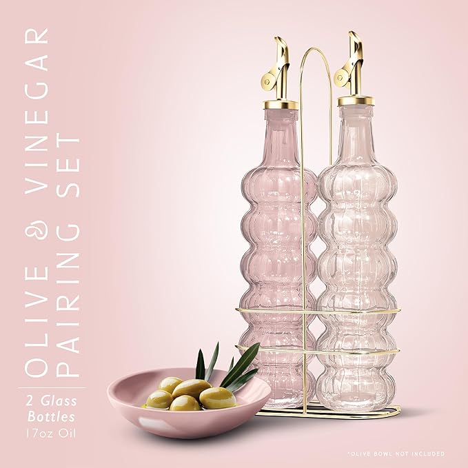 COOK WITH COLOR Glass Olive Oil Bottle Dispenser - 2 Pack- 17oz Oil and Vinegar Cruet - Olive Oil Carafe Decanter for Kitchen, Elegant Waves, Pink - Image 2