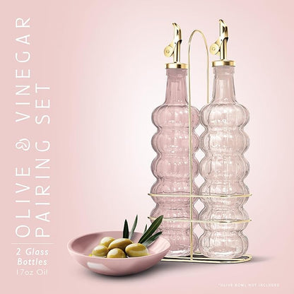 COOK WITH COLOR Glass Olive Oil Bottle Dispenser - 2 Pack- 17oz Oil and Vinegar Cruet - Olive Oil Carafe Decanter for Kitchen, Elegant Waves, Pink - Image 2