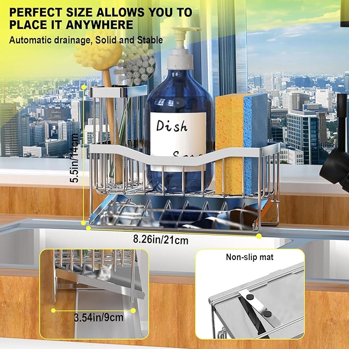 Fssvcd Maifan Sink Caddy Sponge Holder for Kitchen with Brush Holder and Stainless Steel Self Drain Tray, Rustproof Kitchen Sink Organizer for Sponge, Soap Dispenser Storage Accessories - Image 5