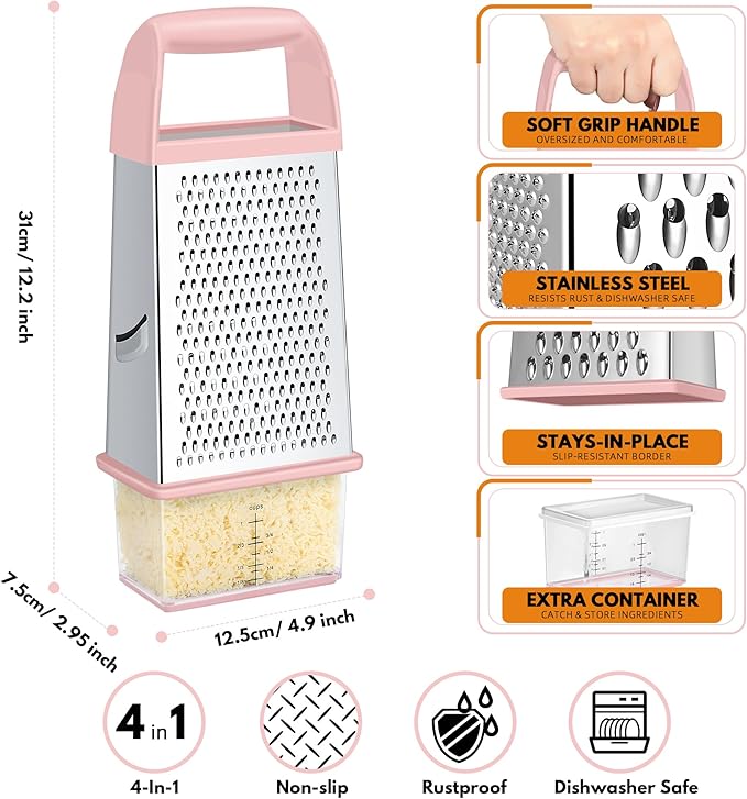 Urbanstrive Cheese Grater With Container, Professional Cheese Grater with Handle, Stainless Steel Graters for Kitchen Handheld, Box Grater with 4 Sides for Vegetables, Ginger, Potatoes (Pink) - Image 2