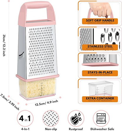Urbanstrive Cheese Grater With Container, Professional Cheese Grater with Handle, Stainless Steel Graters for Kitchen Handheld, Box Grater with 4 Sides for Vegetables, Ginger, Potatoes (Pink) - Image 2