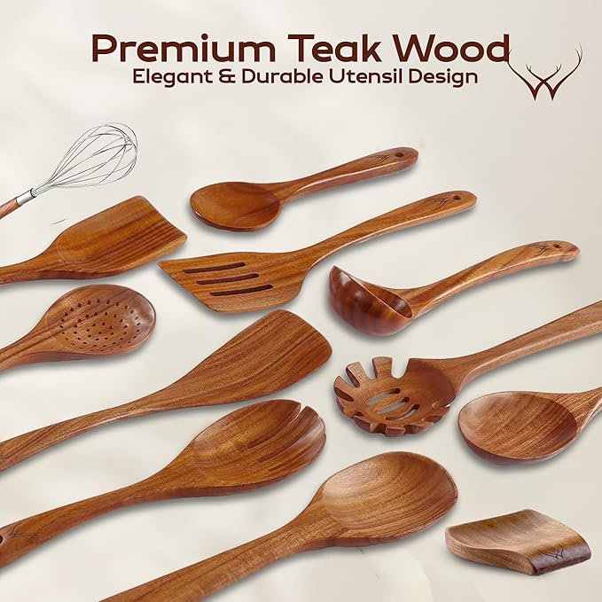 12 Pcs Wooden Cooking Utensils Set – Luxury Wooden Kitchen Utensils with Holder, Versatile Wooden Spoons for Cooking & Durable Teak Wood Utensil Set for Modern Home - Cooking spoons with Spatula - Image 2
