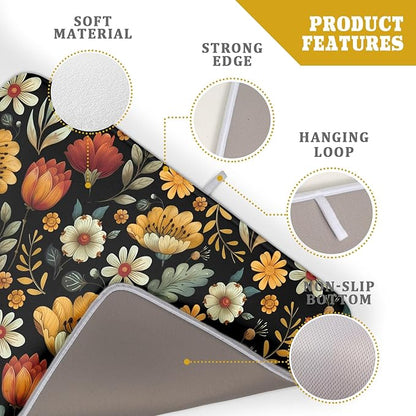 Vintage Boho Floral Dish Drying Mat for Kitchen Counter,Yellow Beige Black Spring Flower Drying Mat 18 x 24 Inch with Absorbent Reversible Microfiber Drying Pad for Coffee Bar - Image 4