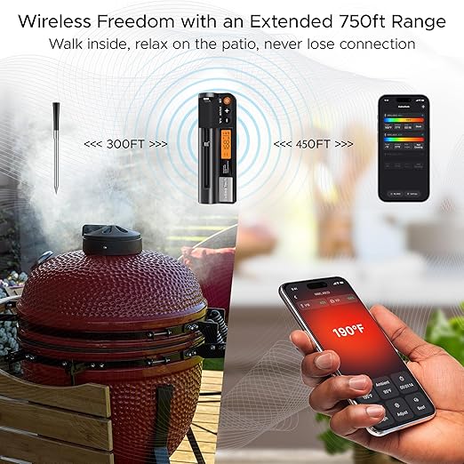 750ft Wireless Meat Thermometer Long Range for Smoker, BBQ & Rotisserie, Smart Bluetooth Thermometer Dual Sensor Waterproof Probe with LCD Base Station Display & App Control - Image 6