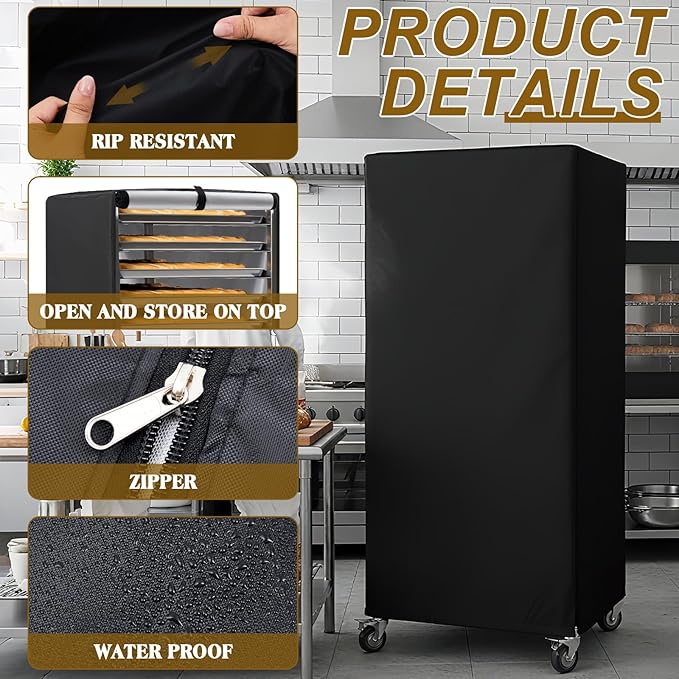 Riakrum 1 Pc Bun Pan Rack Cover Bakers Rack Cover 20 Tier Sheet for Home Kitchen Restaurant Dining Bakery 28" L x 23" W x 61" H(Black,Oxford Cloth) - Image 3