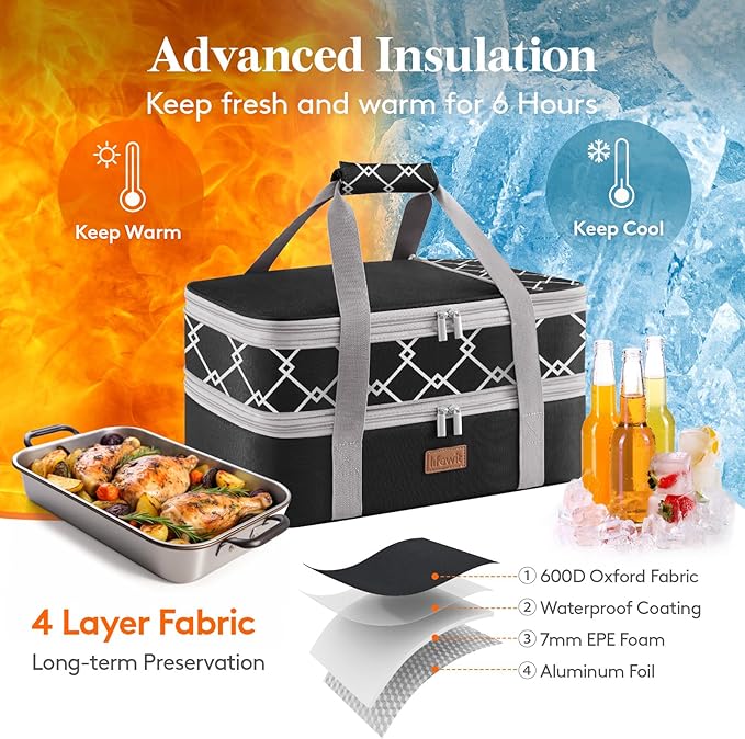 Lifewit Insulated Double Decker Casserole Carrier, Expandable Lasagna Lugger Tote Bag for Hot or Cold Food, Fits 9" x 13" Baking Dish for Potluck Parties, Picnic and Cookouts, Black-Geometric