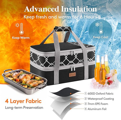 Lifewit Insulated Double Decker Casserole Carrier, Expandable Lasagna Lugger Tote Bag for Hot or Cold Food, Fits 9" x 13" Baking Dish for Potluck Parties, Picnic and Cookouts, Black-Geometric