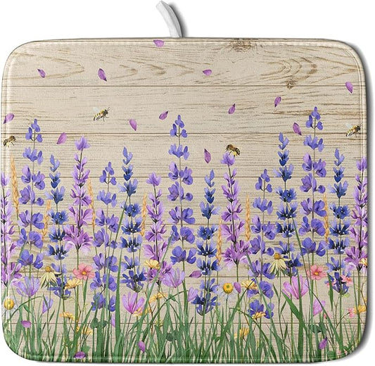 Lavender Floral Dish Drying Mat 16x18 inch Spring Summer Flower Decorative Fast Dry Dishes Drainer Mats Reversible Washable Dish Rack Pad