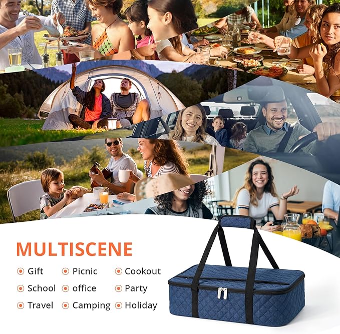 Insulated Casserole Carrier Portable Food Tote for Hot or Cold – Fits 9"x13" Baking Dish, Lasagna Holder for Parties, Picnic, Travel, Beach - Navy Blue