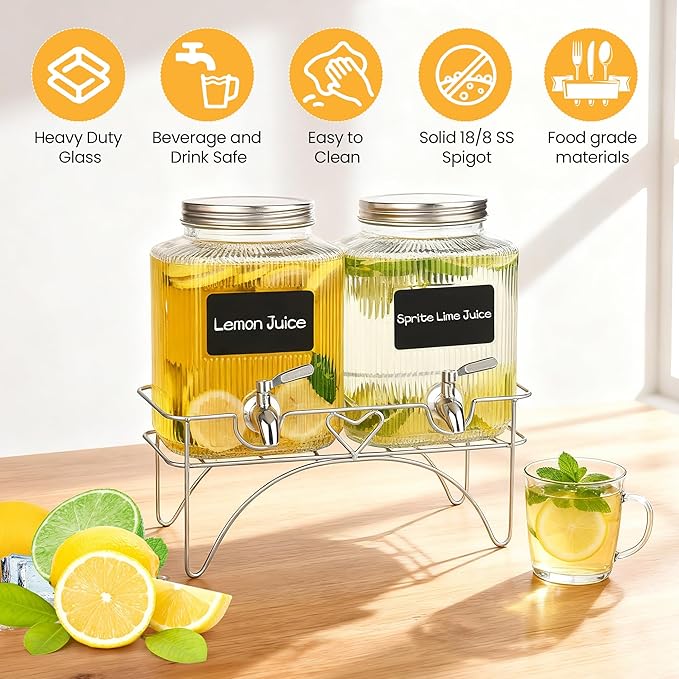 Lulonpon 2 x 4L(1.06 Gallon) Glass Drink Dispenser, Beverage Dispenser with Stainless Tap, Glass Water Juice Dispensers with Metal Stand, Water Jug with Tap Perfect for Parties,Weddings,Birthdays - Image 2