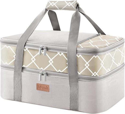 Lifewit Insulated Double Decker Casserole Carrier, Lasagna Lugger Holder for Hot or Cold Food, Fits 9" x 13" Baking Dish, Thermal Lunch Tote Bag for Potluck Parties, Picnic and Cookouts, Grey
