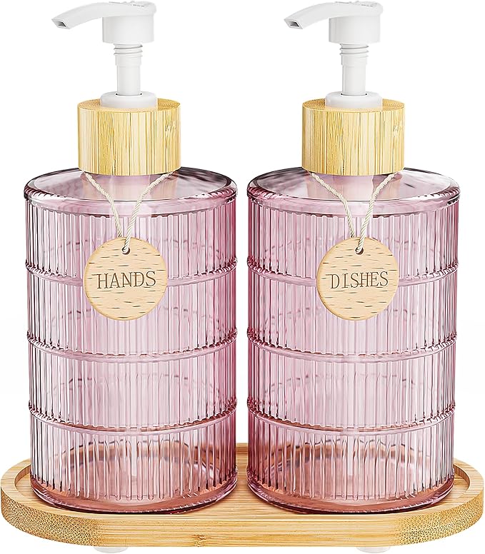 MASADI Soap Dispenser Set with Bamboo Tray, Dish and Hand Soap Lotion Dispenser Set with Wooden Pump for Kitchen and Bathroom Decor for Counter, Modern Vintage Liquid Soap Dispensers (Pink&Bamboo) by masadi