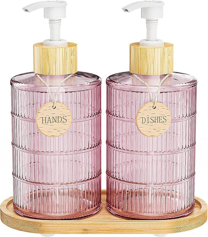 MASADI Soap Dispenser Set with Bamboo Tray, Dish and Hand Soap Lotion Dispenser Set with Wooden Pump for Kitchen and Bathroom Decor for Counter, Modern Vintage Liquid Soap Dispensers (Pink&Bamboo) by masadi