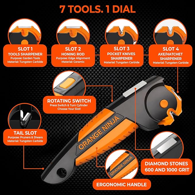 Orange Ninja 7-in-1 Garden Tool & Knife Sharpener – Sharpens Axe, Hatchet, Machete, Pruner & Shears – One Tool for All Your Outdoor Blades – Gift for Gardeners - Image 4