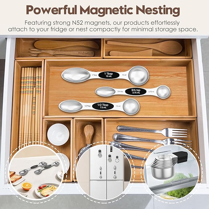 Magnetic Measuring Cups and Spoons Set - 304 Stainless Steel | Dual-sided Design | Set of 15 with Leveler | Strong N52 Magnetic Nesting Design | for Dry & Liquid Ingredients (Black) - Image 5