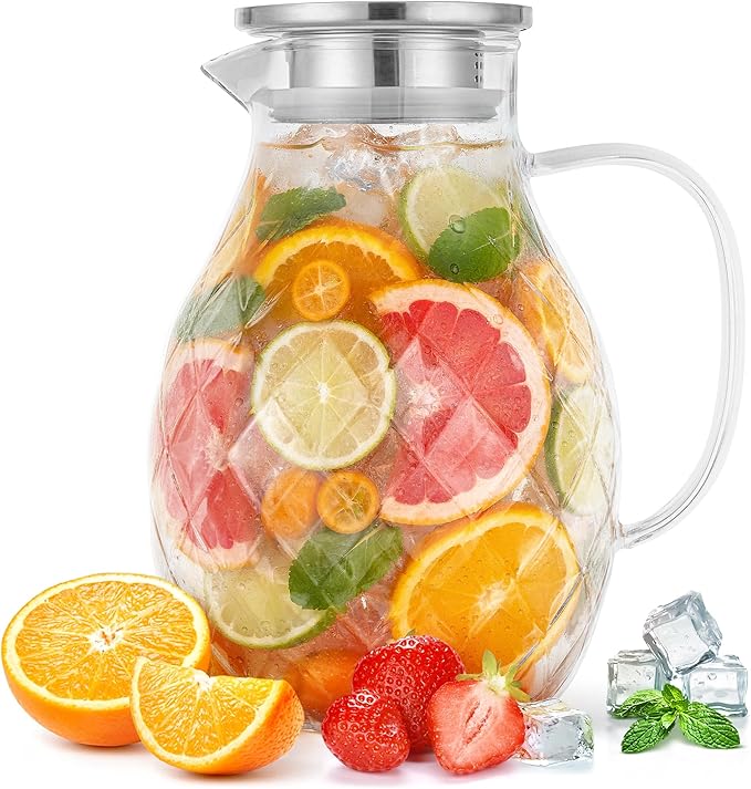Premium Borosilicate Glass Pitcher with Lid and Spout - 2 Liter / 68 oz, Borosilicate Glass with Handle - Carafe for Hot/Cold Beverages - Water Jug - Iced Tea Pitcher - Juice Server