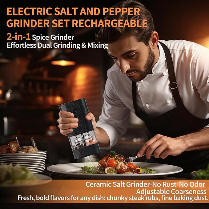 Dual Chamber Electric Pepper and Salt Grinder,Rechargeable Salt and Pepper Grinder Set USB-C,One-Handed Automatic Spice Mill Grinds Two Spice,Large Refillable,Ceramic Adjustable Coarseness for Kitchen