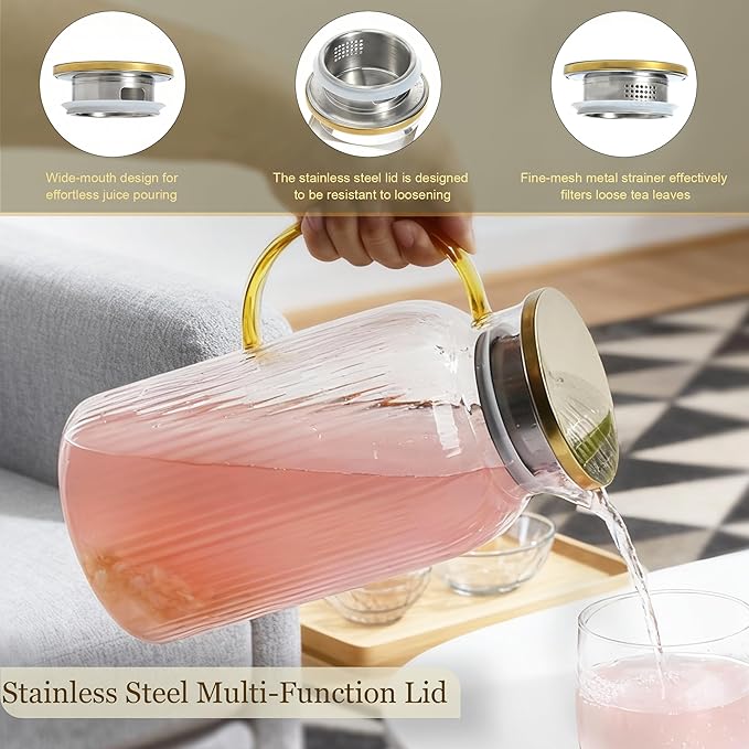 2 PACK Glass Pitcher with Lid, 68oz/2Liter Borosilicate Glass Water Pitcher, Heat Resistant Vertical Striped Water Carafe for Iced Tea, Fruit Tea, and Hot Beverages, Dishwasher Safe