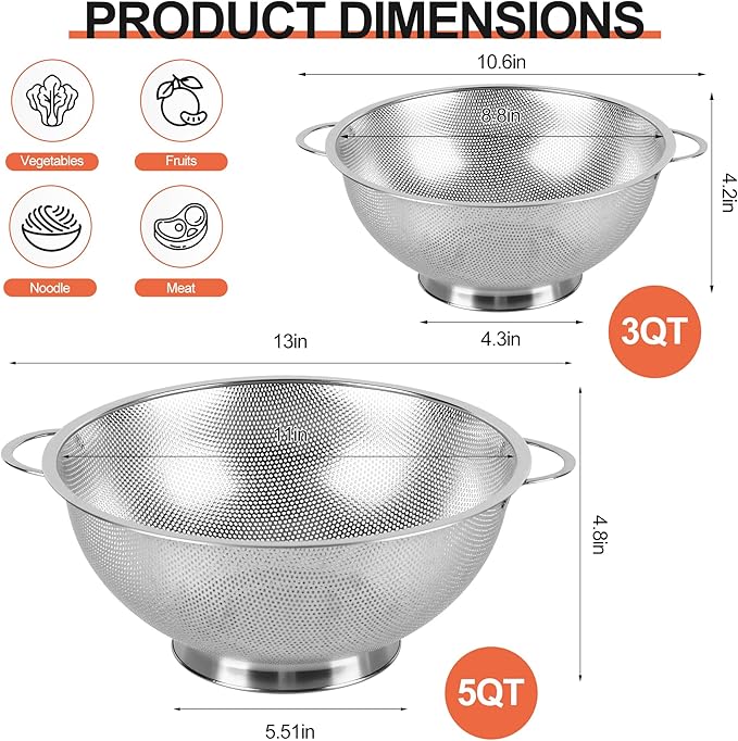 Kaishun Stainless Steel Colander and Strainer Set(5-Quart and 3-Quart), Strainer for Kitchen Food, Dishwasher Safe