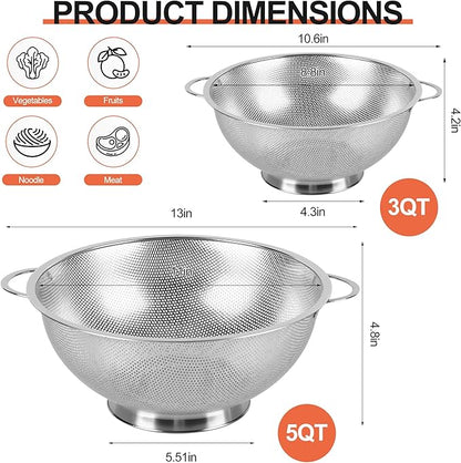Kaishun Stainless Steel Colander and Strainer Set(5-Quart and 3-Quart), Strainer for Kitchen Food, Dishwasher Safe