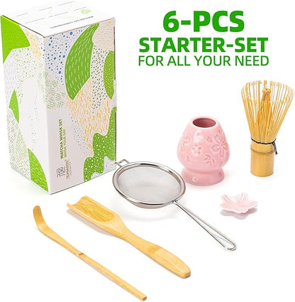 TEANAGOO Matcha Whisk Set,6-PCS Traditional Starter Set,100 Prongs Whisk with Pink Cherry Blossom Holder,Scoop(Chashaku),Tea Spoon,Bamboo Chasen,Ceremony Accessory,Gift for Friend/Family