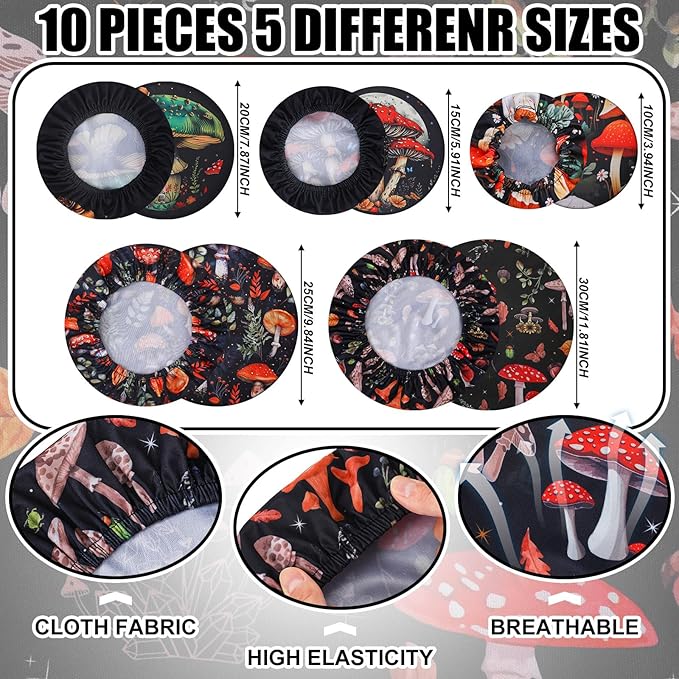 Patelai 10 Pcs Bowl Covers Reusable in 5 Size Stretch Cloth Fabric Elastic Food Storage Bowl Covers Bread Sourdough Lids for Proofing Food Fruits Leftover(Deep Color,Mushroom Style) - Image 5