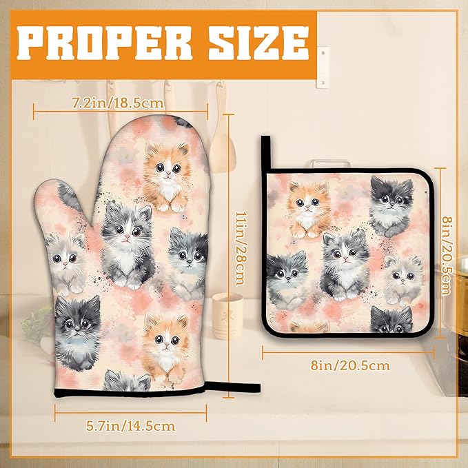 Cute Cat Oven Mitts and Pot Holders,Heat Resistant Oven Mitts Gloves and Pot Holder for Home Kitchen Decorations Cooking Baking BBQ Gifts,Set of 4