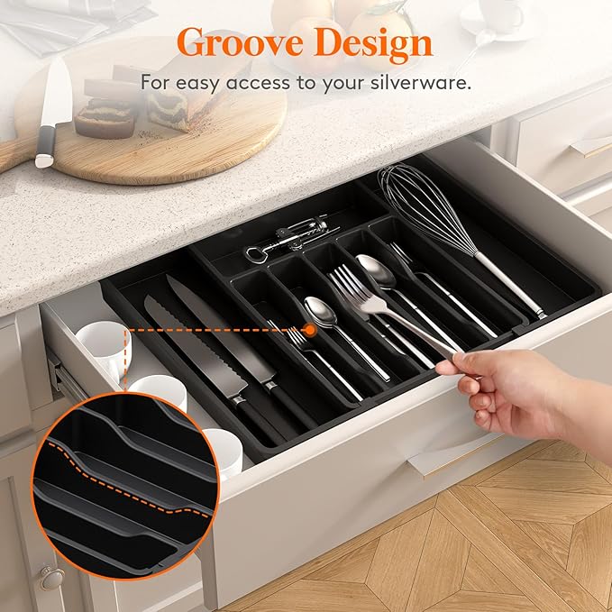 Lifewit Silverware Drawer Organizer, Expandable Utensil Tray for Kitchen, BPA Free Flatware and Cutlery Holder, Adjustable Plastic Storage for Spoons Forks Knives, 33 -57 x 42cm, Black - Image 9