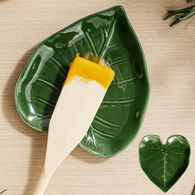 Ceramic Spoon Rest for Stove Top - Cute Green Leaf Spoon Rest/Spoon Holder for Kitchen Countertop - Cooking Kitchen Spoon Rest Utensil Rest Spatula Rest Cottagecore Kitchen Decor (1 Pack) by Anoonse