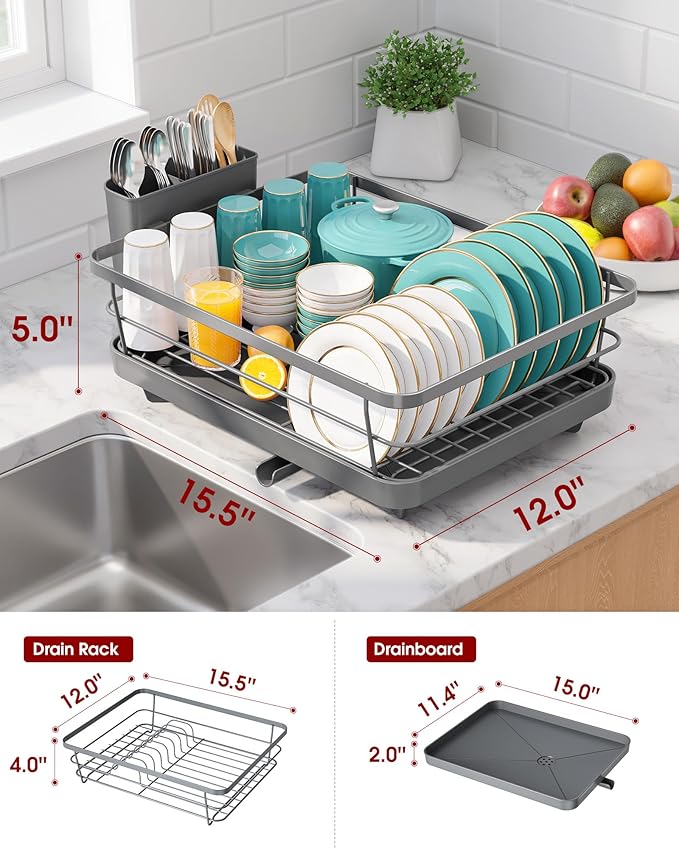 Sakugi Stainless Steel Dish Drying Rack for Kitchen Counter, Sink Organization and Storage Essentials with Silverware & Utensil Holder, Home and Apartment Decor, 12''W x 15.6''L, Gray - Image 3