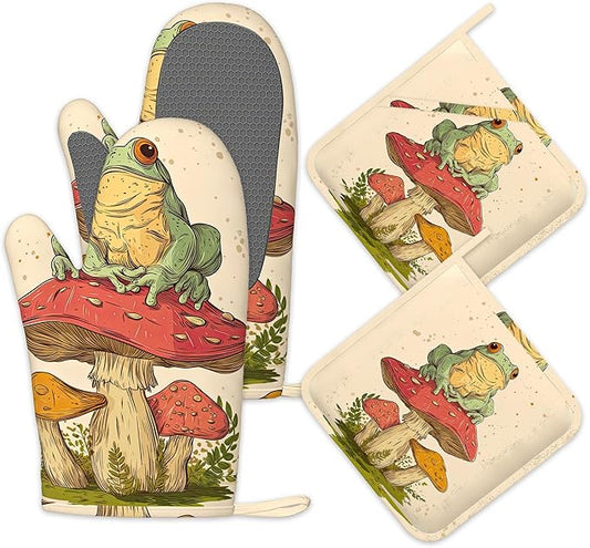 Green Frog Oven Mitts and Pot Holders Sets,Silicone Mushroom Kitchen Mitts Potholders Heat Resistant 4Pcs Oven Gloves Hot Pads for Kitchen Baking Cooking