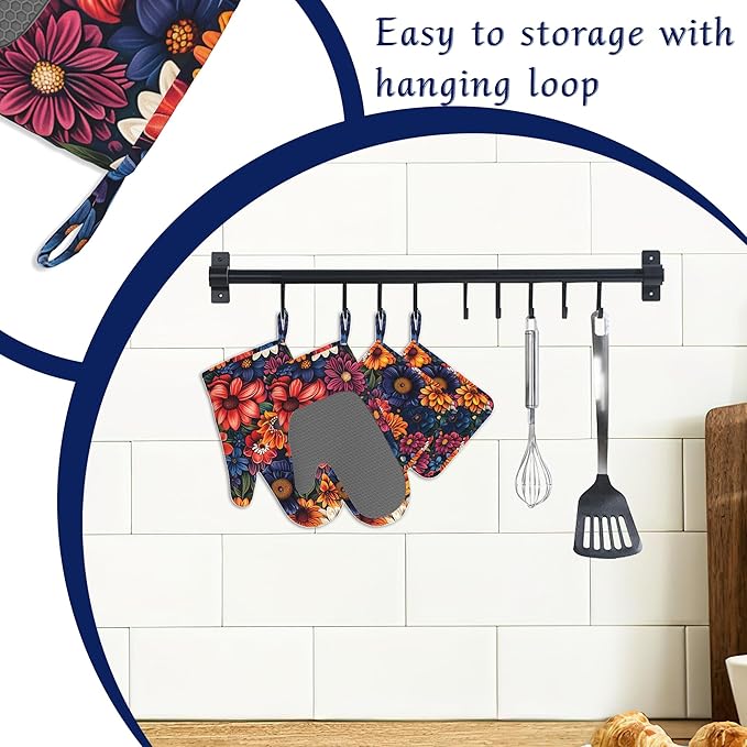 Colourful Flowers Potholders & Oven Mitts Sets Spring Floral Silicone Heat Resistant Oven Mits and Hot Pads Non-Slip Pot Holders Gloves for Kitchen Chef Cooking Baking Grilling BBQ