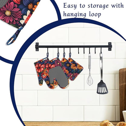 Colourful Flowers Potholders & Oven Mitts Sets Spring Floral Silicone Heat Resistant Oven Mits and Hot Pads Non-Slip Pot Holders Gloves for Kitchen Chef Cooking Baking Grilling BBQ