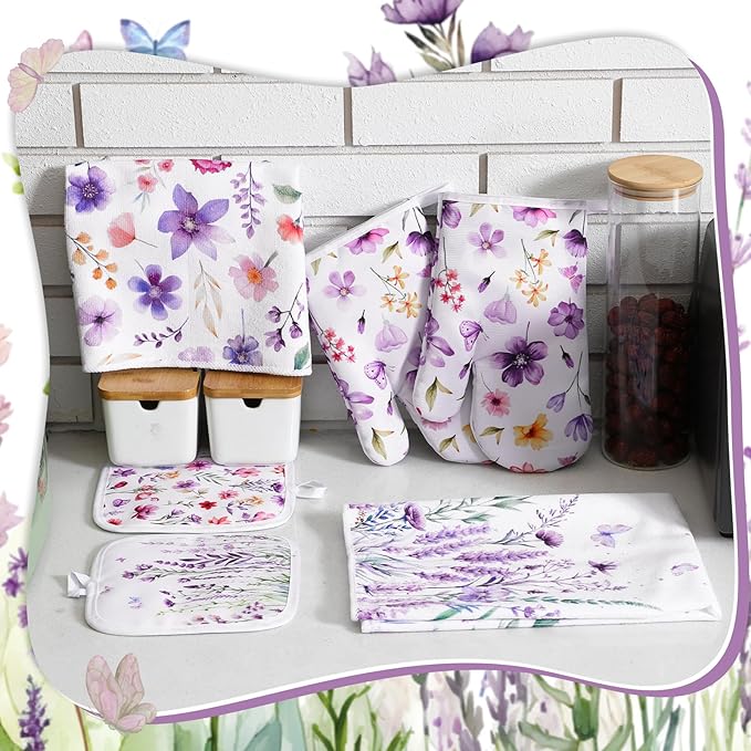 Spring Lavender Oven Mitts and Pot Holders Kitchen Dish Towels Set Purple Flower Spring Kitchen Towels and Dishcloths for Baking Cooking Women BBQ Grilling Hand Dish Gifts